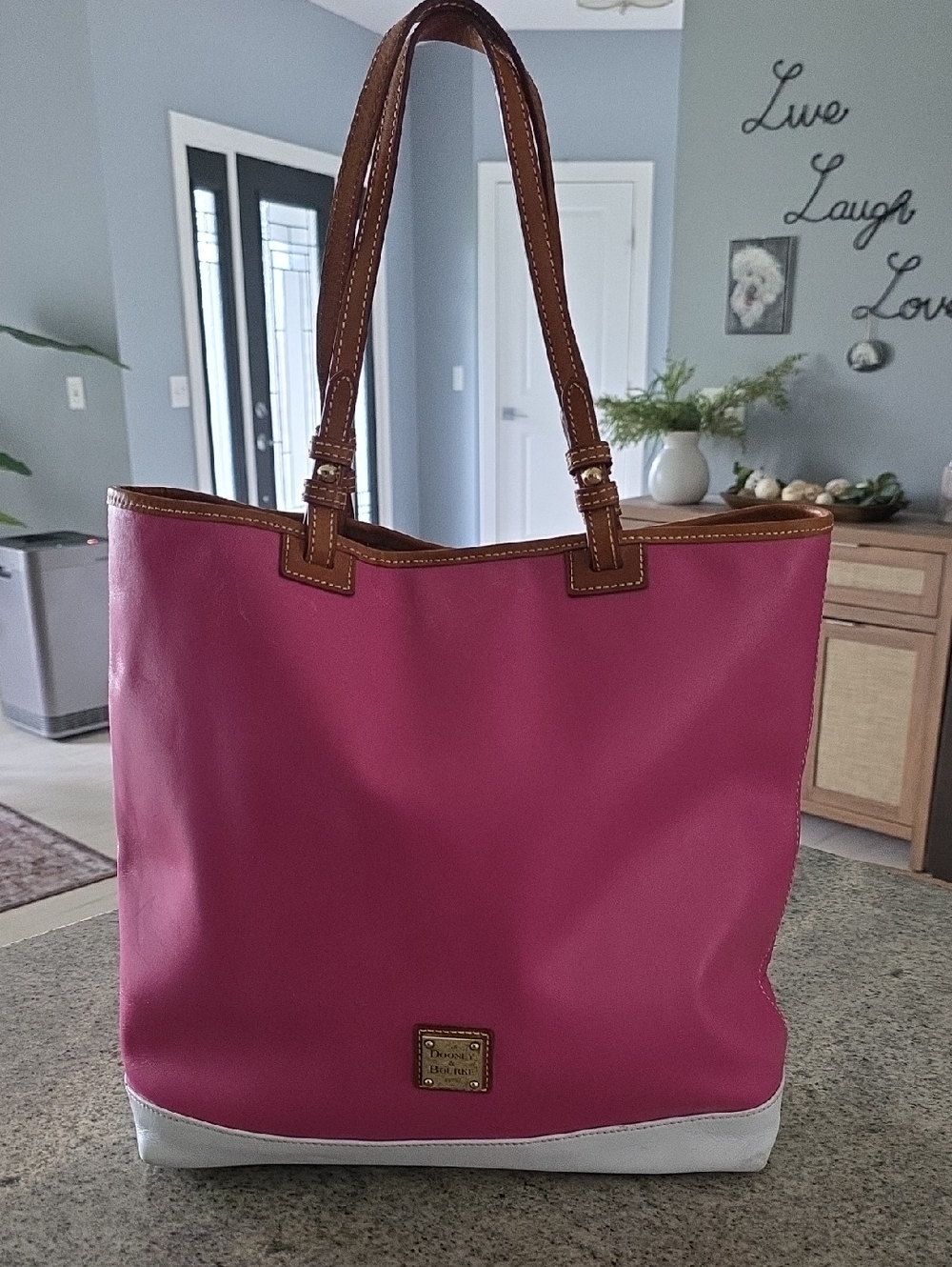 Large Dooney & Bourke Bright Pink & White Leather Tote with Brown Leather Trim